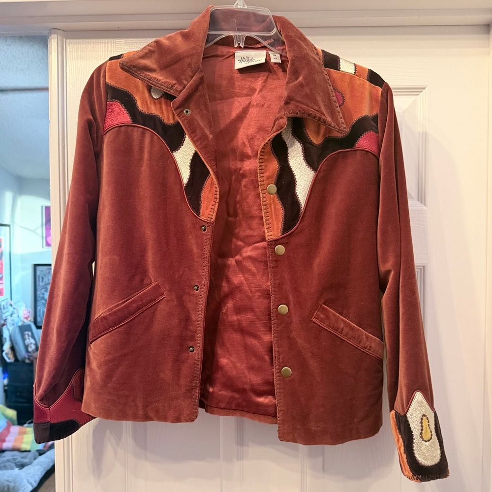 “Do the Hippie Shake" brand "Midnight Cowboy" brown velvet butterfly jacket.